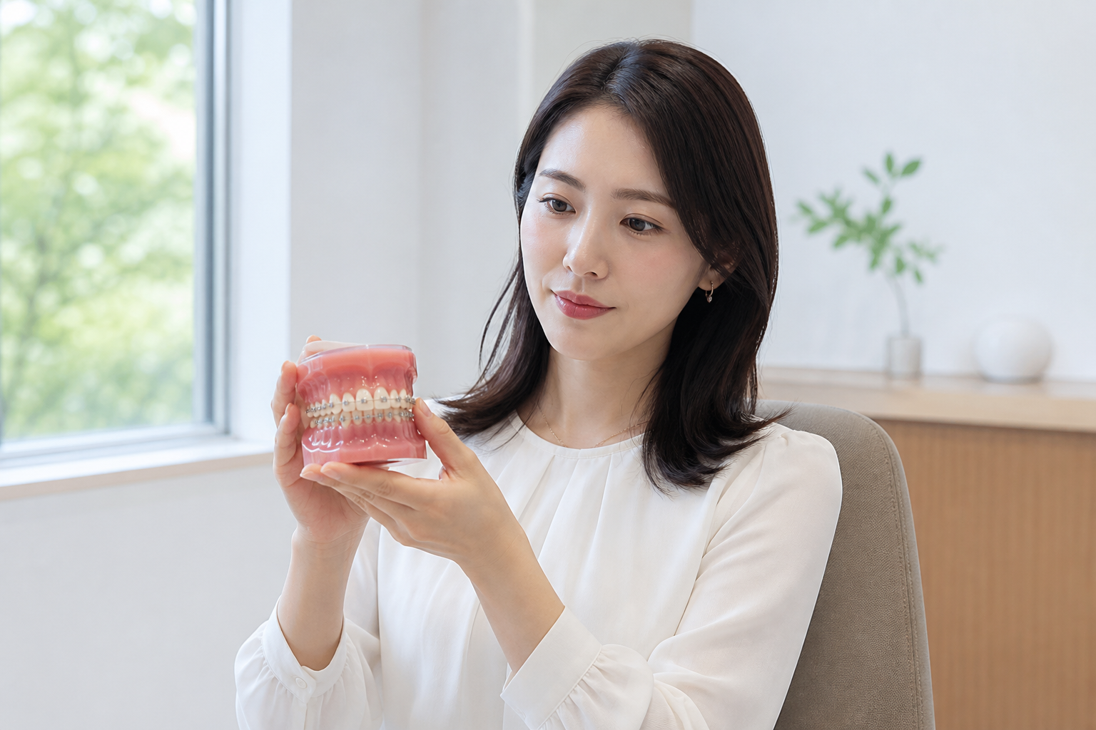 成人女性がワイヤー矯正装置の付いた歯の模型を手に見せるイメージ