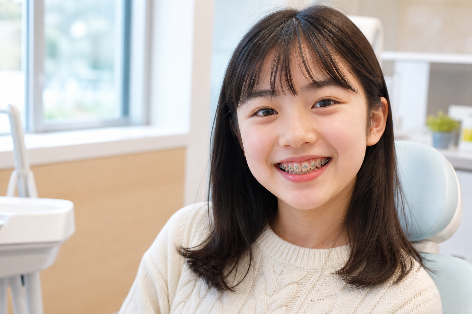 ワイヤー矯正装置を付けて自然に笑うお子様のイメージ