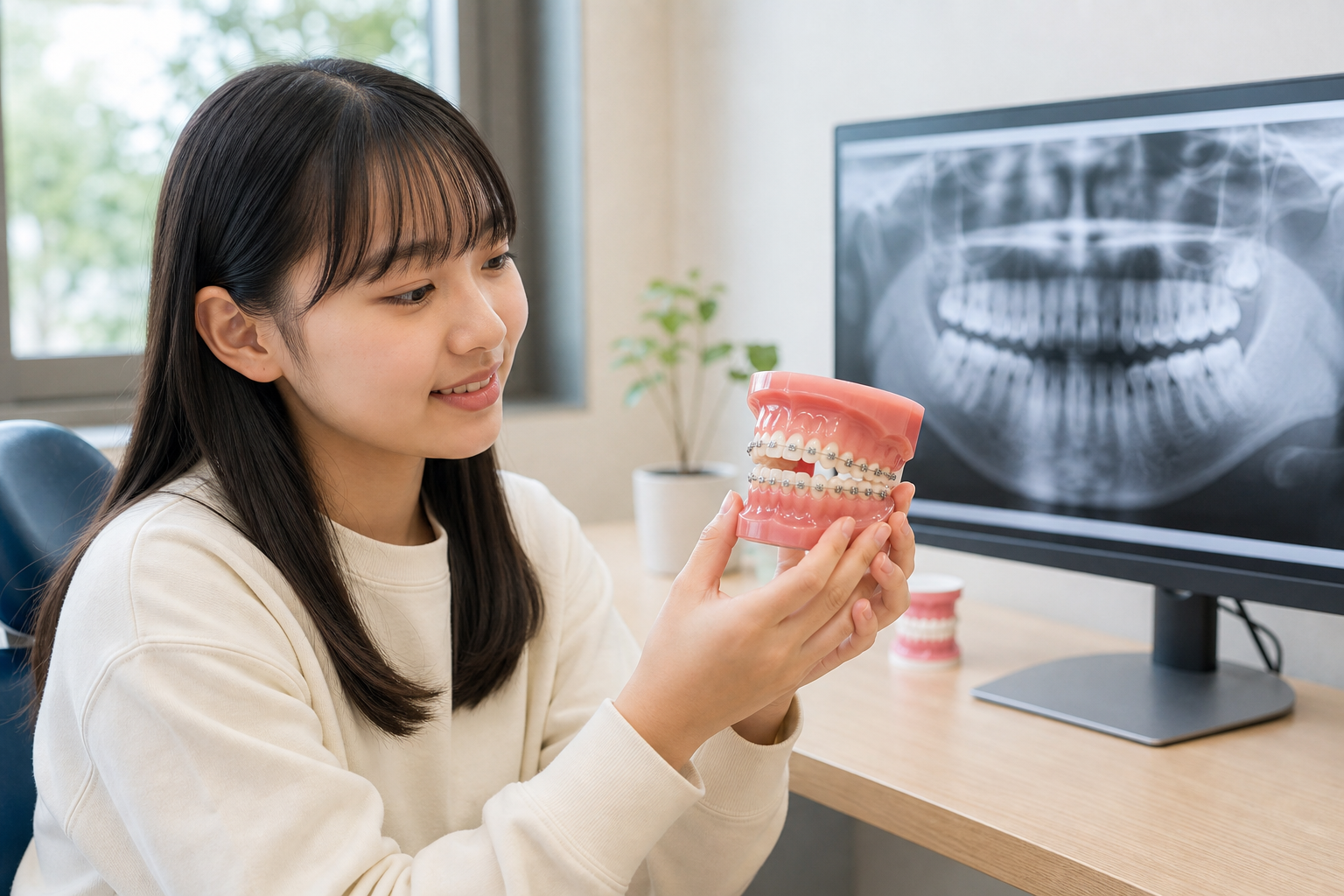 10代女性が矯正模型を手に持ち歯科レントゲン画像を確認するイメージ
