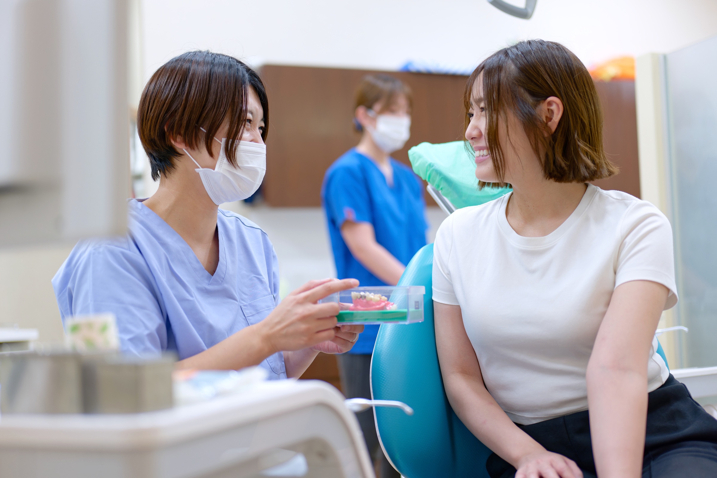 歯科スタッフが入れ歯の模型を見せながら患者さんへ説明する様子
